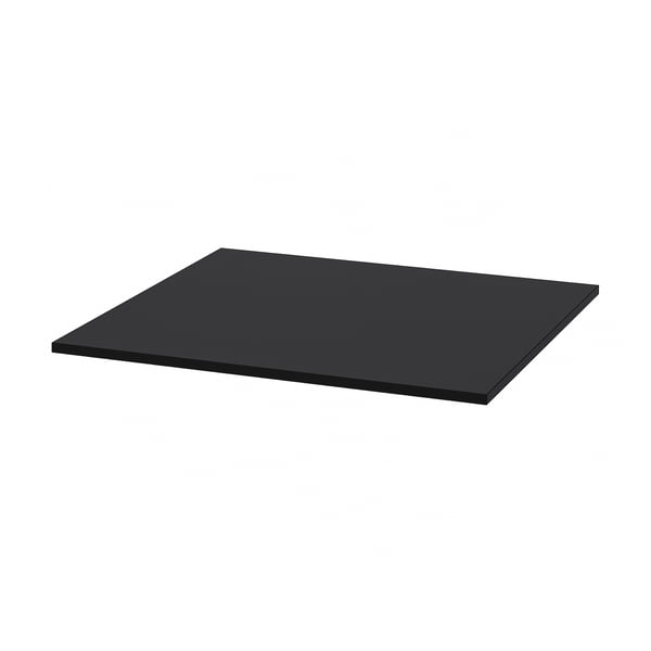 A black sansberg table top. It is rectangular, flat, and made of particleboard covered with melamine foil. The edges are finished with plastic edging.