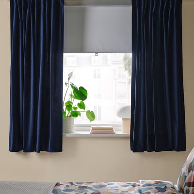 SANELA Curtains, 1 pair, dark blue/with heading tape, 140x160 cm