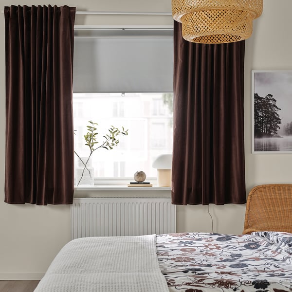 SANELA Curtains, 1 pair, dark brown/with heading tape, 140x160 cm