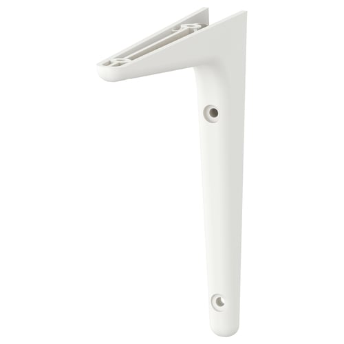 A white SIBBHULT wall shelf bracket. Its made of recycled polypropylene plastic, with a simple and stable design.