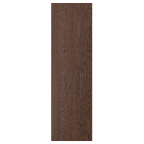 A dark brown wooden panel with visible wood grain texture, likely representing a cabinet or drawer front made of oak veneer with a solid wood edge.