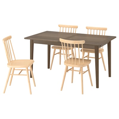 SKANSNÄS table and chairs set. Wooden, natural finish. Rectangular table with 4 matching chairs. Classic design with slatted backs.