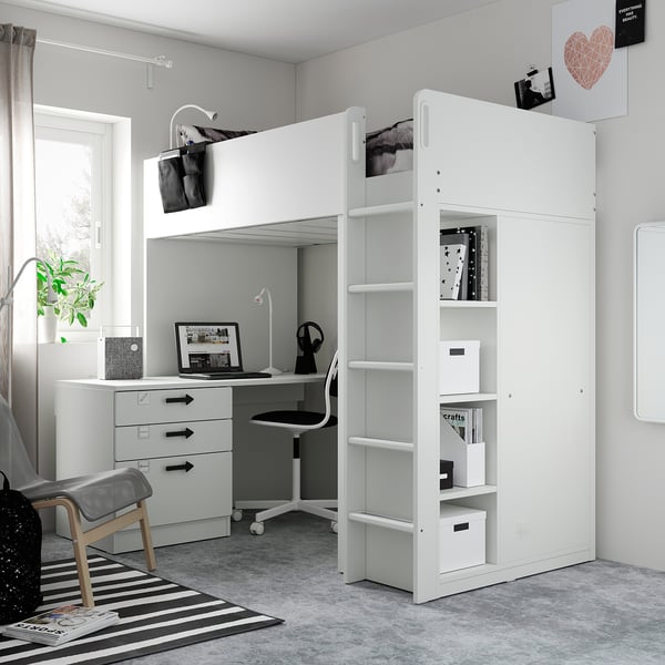 SMÅSTAD Loft bed, white pale turquoise/with desk with 4 drawers, 90x200 cm