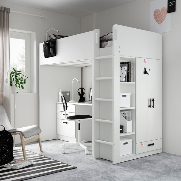 SMÅSTAD Loft bed, white pale turquoise/with desk with 4 drawers, 90x200 cm