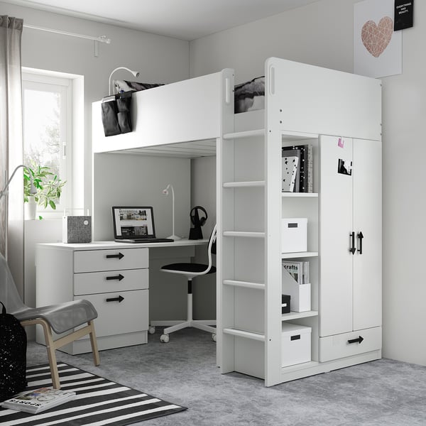 SMÅSTAD Loft bed, white pale turquoise/with desk with 4 drawers, 90x200 cm