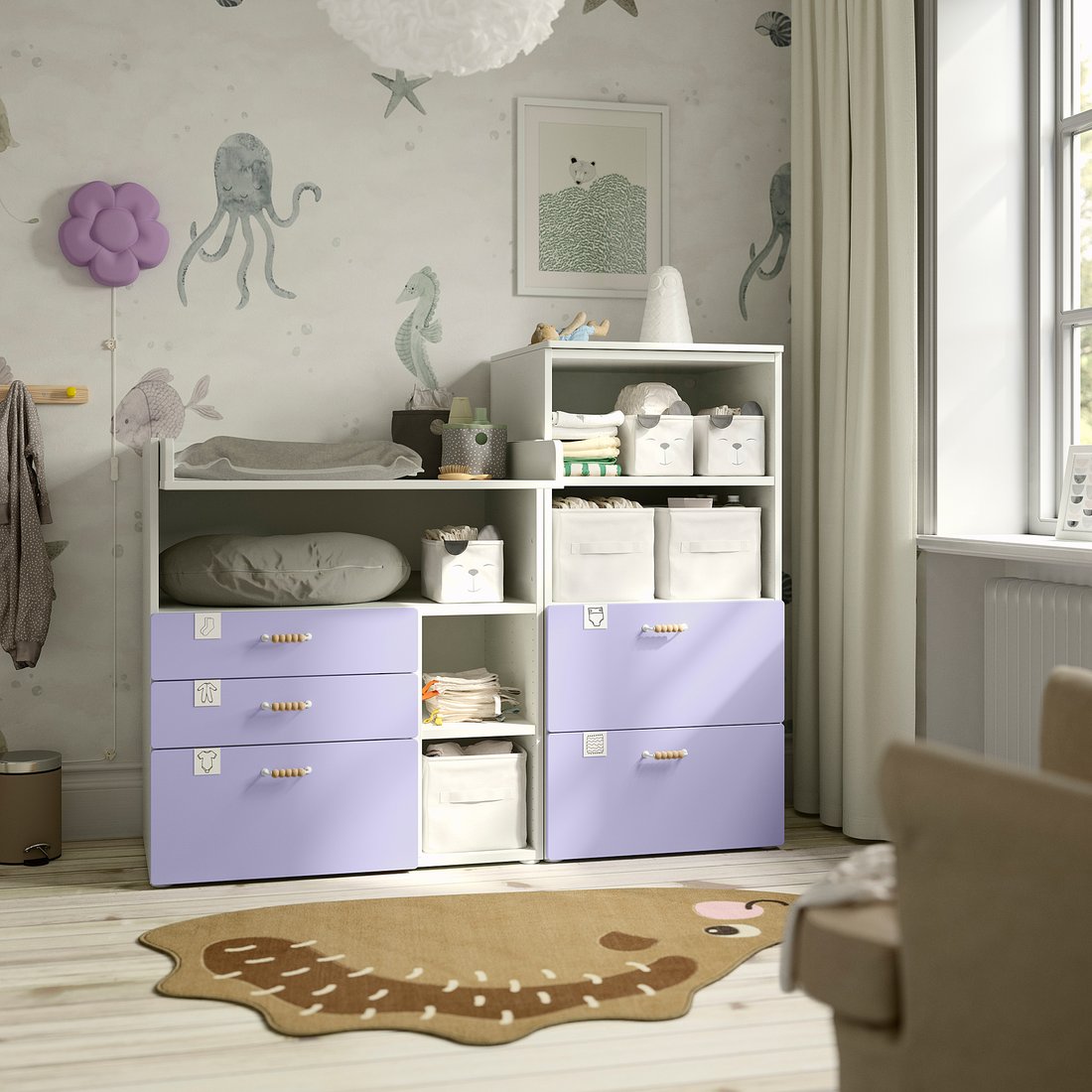 SMÅSTAD / PLATSA changing table, white lilac/with bookcase, 150x79x123