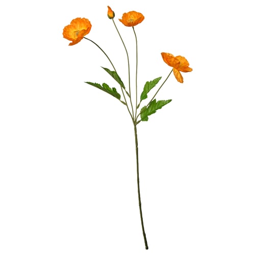 SMYCKA: bright orange artificial poppy flowers with green leaves, realistically shaped, indoor/outdoor suitable.