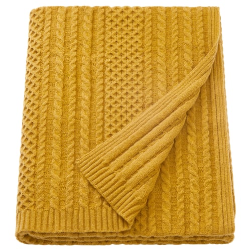SÖRBYSKOGEN gold knit blanket, recycled polyester, rectangular, fold design.