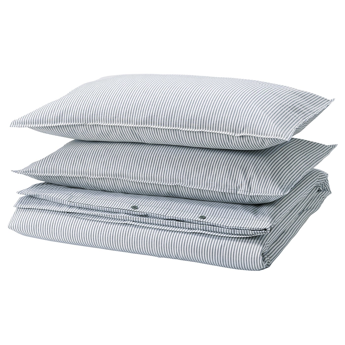 Stack of blue-striped pillows with zip detail, square shape, cotton material.