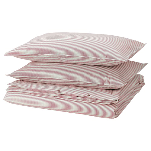 Stack of 3 red and white striped cotton pillows. Square shape, folded neatly. Simple striped design.
