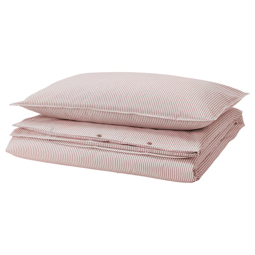 Stack of 2 red and white striped pillows. Simple, rectangular design. Made from recycled cotton.