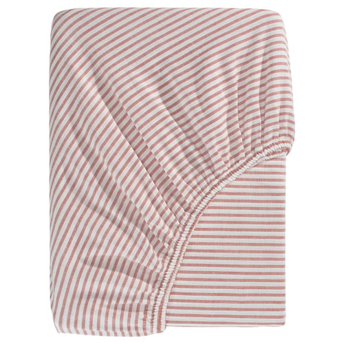 Folded red and white striped cotton bed sheet.