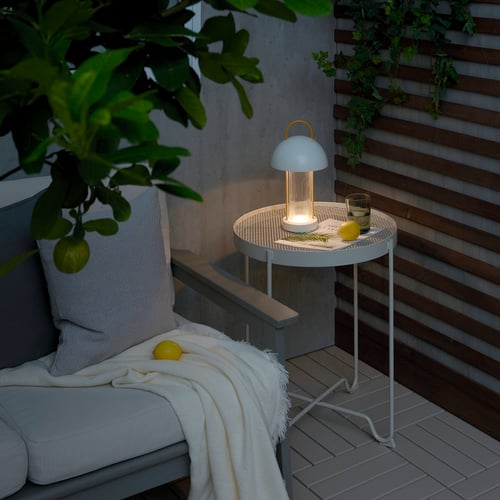 SOMMARLÅNKE LED decorative table lamp, yellow glass/batteryoperated