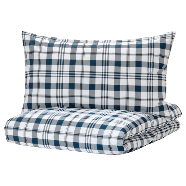 SPIKVALLMO Duvet cover and 2 pillowcases, white blue/check, 200x200/50x80 cm