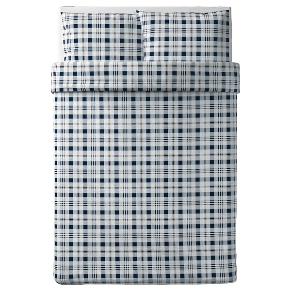 SPIKVALLMO Duvet cover and 2 pillowcases, white blue/check, 200x200/50x80 cm