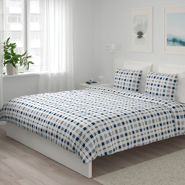 SPIKVALLMO Duvet cover and 2 pillowcases, white blue/check, 200x200/50x80 cm