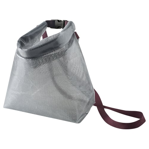 A grey SPJUTSÖ waterproof bag with a red strap, ideal for carrying wet or small items.