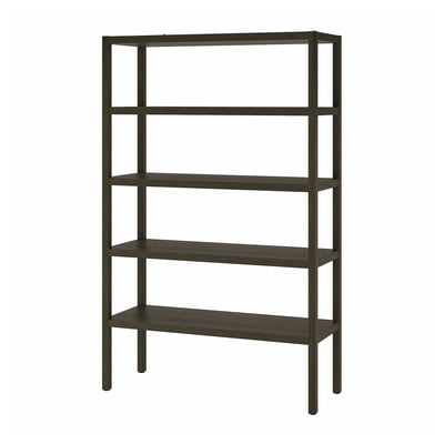 A dark wood STOCKHOLM 2025 shelving unit with five wide shelves. Its minimalist design adjustable feet for stability on uneven floors.