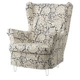 STRANDMON wing chair, dark blue floral on beige, recycled back, cotton cover