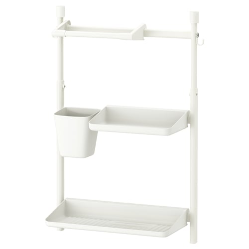 White SUNNERSTA storage rack with shelves and hanging bar for bathroom or kitchen use.