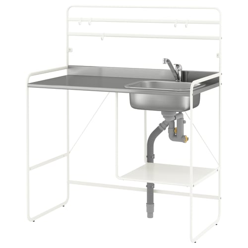 Description: a compact, white metal mini-kitchen with a stainless steel sink and tap. It has a sleek, modern design.