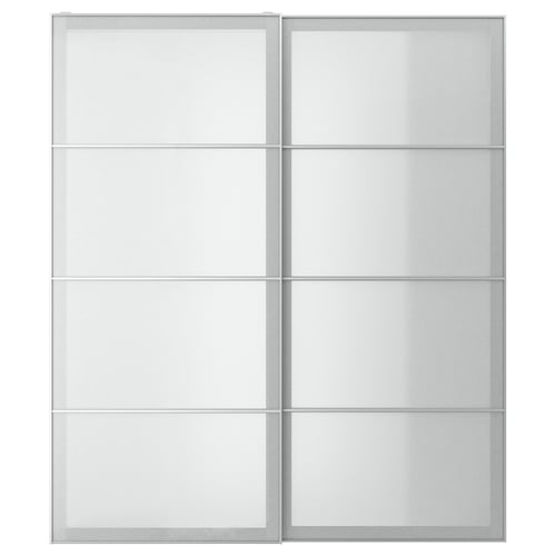 A white SVARTISDAL wardrobe with frosted glass panels. The modern design sliding doors framed in aluminium.