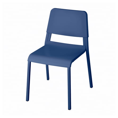 A blue stackable chair named TEODORES, designed with a lightweight plastic seat and backrest, supported by sturdy metal legs.