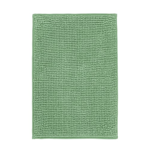 Green TOFTBO bath mat, rectangular, soft textured surface, recycled polyester, machine washable.