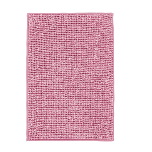 Pink rectangular bath mat with bumpy texture, ultra-soft microfiber material.