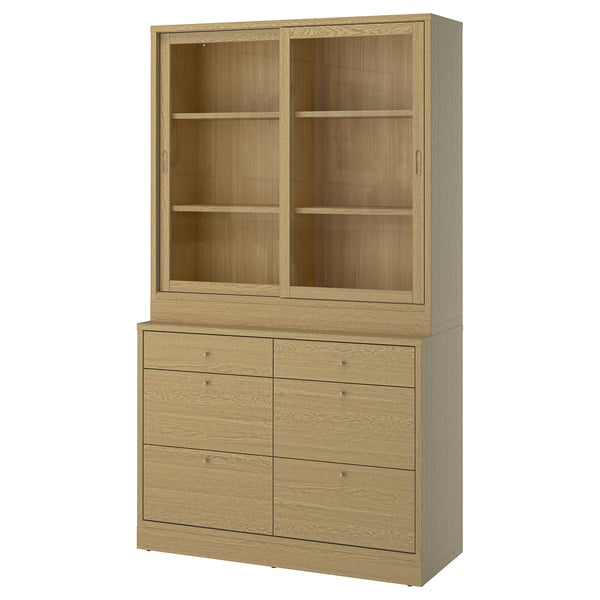 TONSTAD Storage combination with drawers, oak veneer/glass, 121x47x210 cm