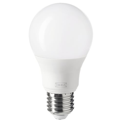 Ikea TRÅDFRI smart led bulb, white, spherical shape, made of polycarbonate plastic.