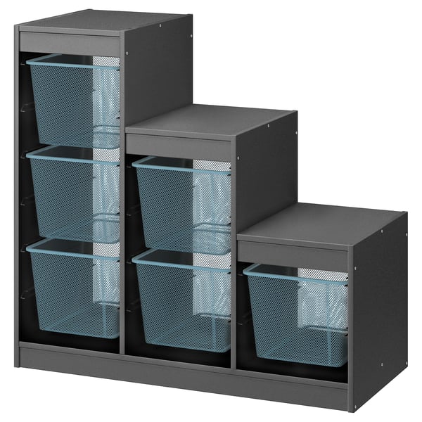 TROFAST Storage combination with boxes, grey/grey-blue, 99x44x95 cm