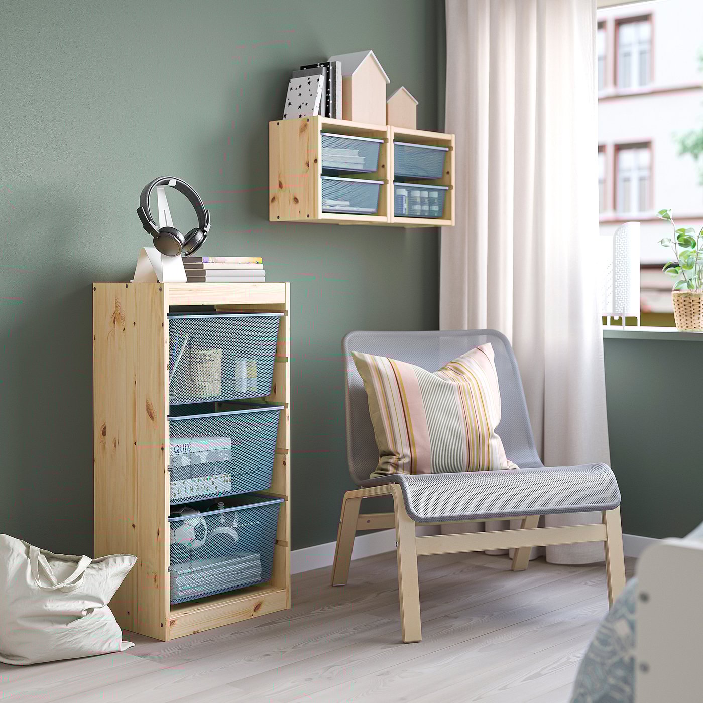 TROFAST Storage combination with boxes light white stained pine/grey-blue  44x30x91 cm
