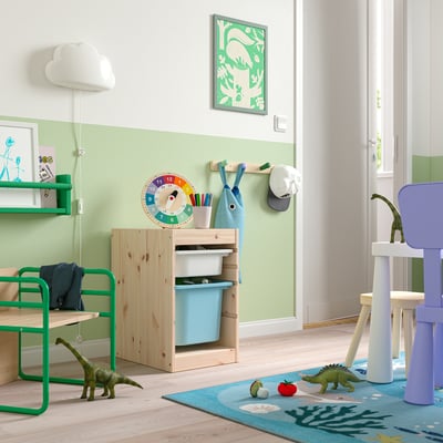 TROFAST Storage combination with boxes, light white stained pine white/light blue, 32x44x53 cm