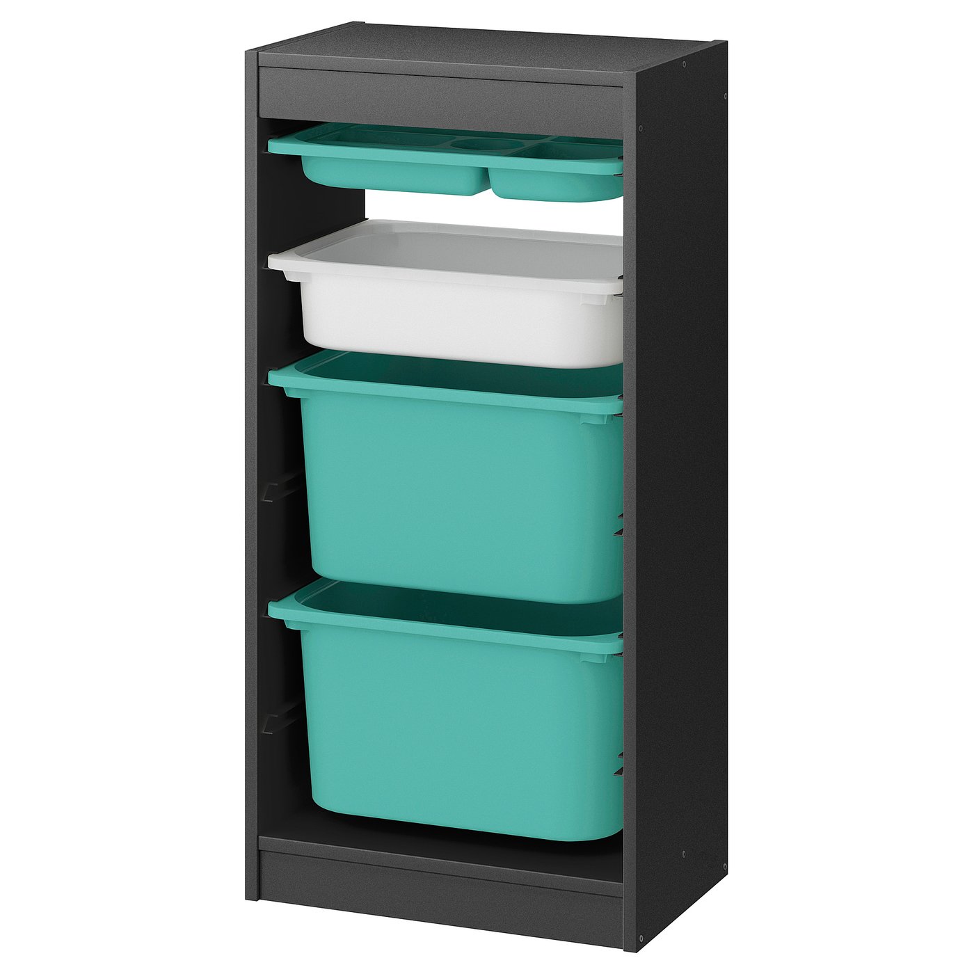 TROFAST storage combination with boxes/tray, grey turquoise/white