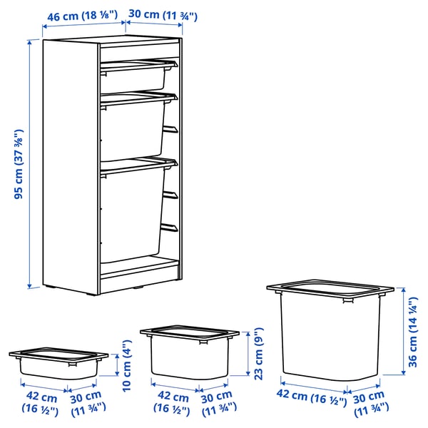 TROFAST Storage combination with boxes, white/white, 46x30x95 cm