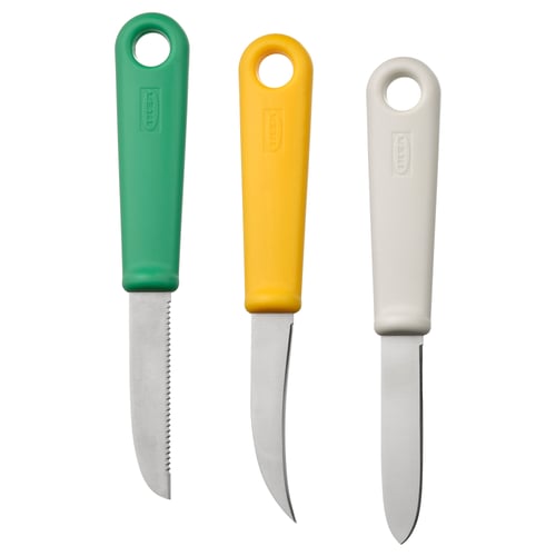 Three colourful paring knives: green, yellow, white, stainless steel blades, ergonomic handles, circular hangers.