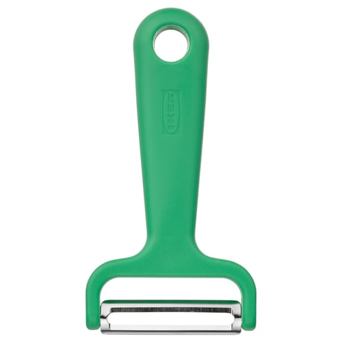 Bright green UPPFYLLD peeler with stainless steel blade, ergonomic handle, and hanging hole.