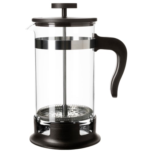 Black UPPHETTA cafetière coffee maker; glass, stainless steel, plastic; round, clear design.