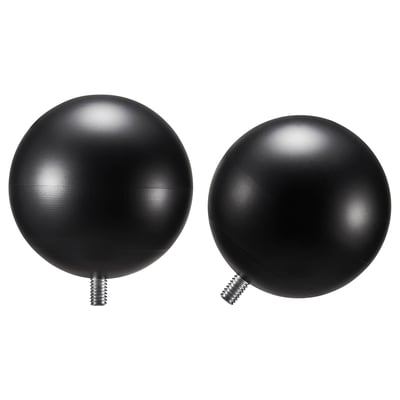 Two black spherical VÄSENTLIG finials with a matte recycled plastic finish and metal screws for mounting.