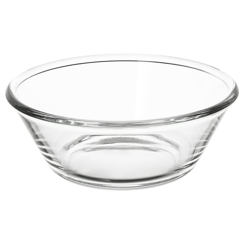 A clear glass bowl named VARDAGEN, with a simple and round design, perfect for serving food.
