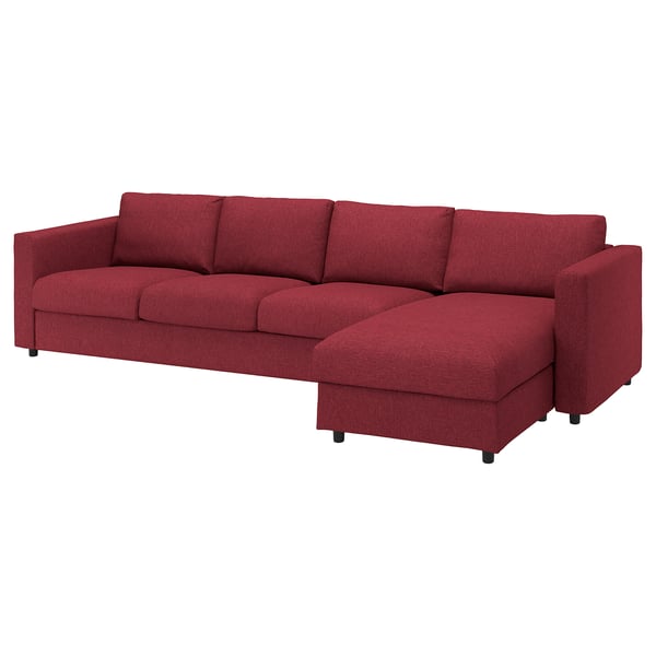 VIMLE Cover for 4-seat sofa, with chaise longue/Lejde red/brown