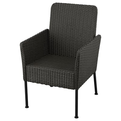 VITTSKÄR Chair with armrests, plastic rattan outdoor/dark grey