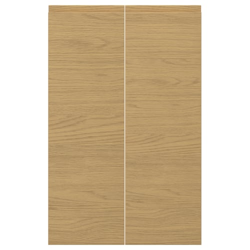VOXTORP wooden panels with oak finish. Two brown rectangular panels with smooth surfaces and clean lines. Perfect for modern kitchen designs.