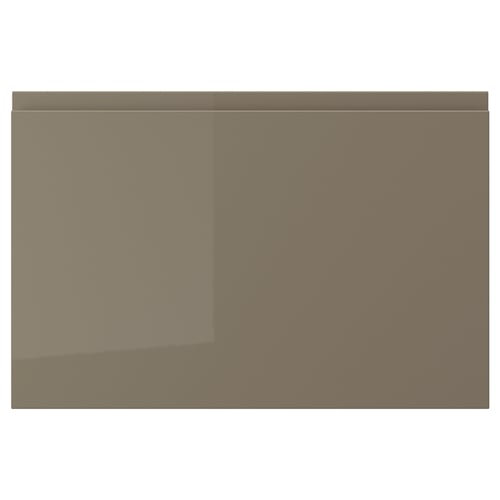 VOXTORP modern kitchen door, high gloss dark grey-brown, sleek design with integrated handles, easy to clean, rectangular shape.