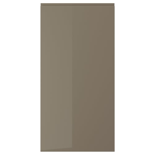 A modern VOXTORP door in dark grey-brown with a glossy finish, featuring a sleek, integrated handle and a rectangular design.