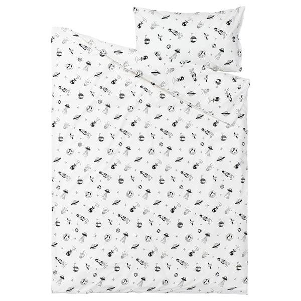 AFTONSPARV Sarung duvet dan sarung bantal, ruang putih/hitam, 150x200/50x80 cm