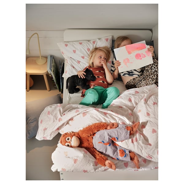 BARNDRÖM Sarung duvet dan sarung bantal, corak hati putih/merah jambu, 150x200/50x80 cm