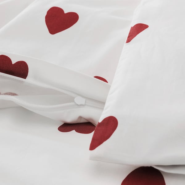 BARNDRÖM Sarung duvet dan sarung bantal, corak hati/putih merah, 150x200/50x80 cm