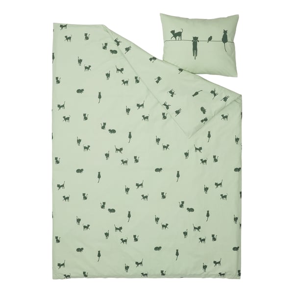 BARNDRÖM Sarung duvet dan sarung bantal, corak kucing/hijau, 150x200/50x80 cm
